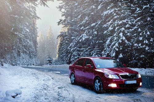 Free A red car drives along a snowy forest road in winter, surrounded by frosty trees. Stock Photo